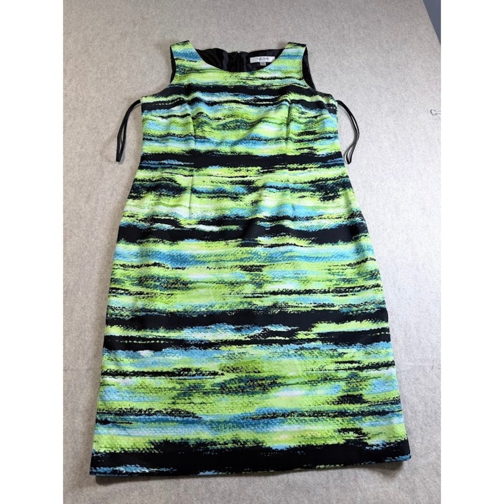 Jones Studio Sheath Dress Womens 12 Green Blue Abstract Pique Sleeveless Classic